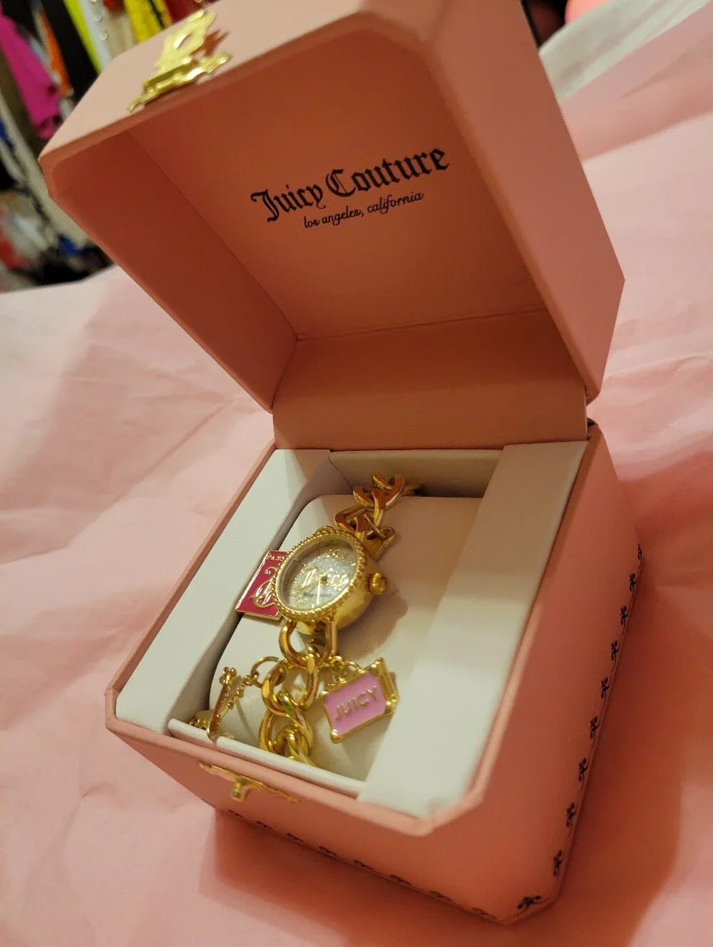 Juicy Couture Gold-tone Bracelet with Pink Enamel Charms